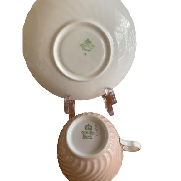 AYNSLEY ENGLAND PASTEL LIGHT PINK SWIRL TEA CUP SAUCER SET FLORAL GOLD RIM #1 Gd - Picture 5 of 13